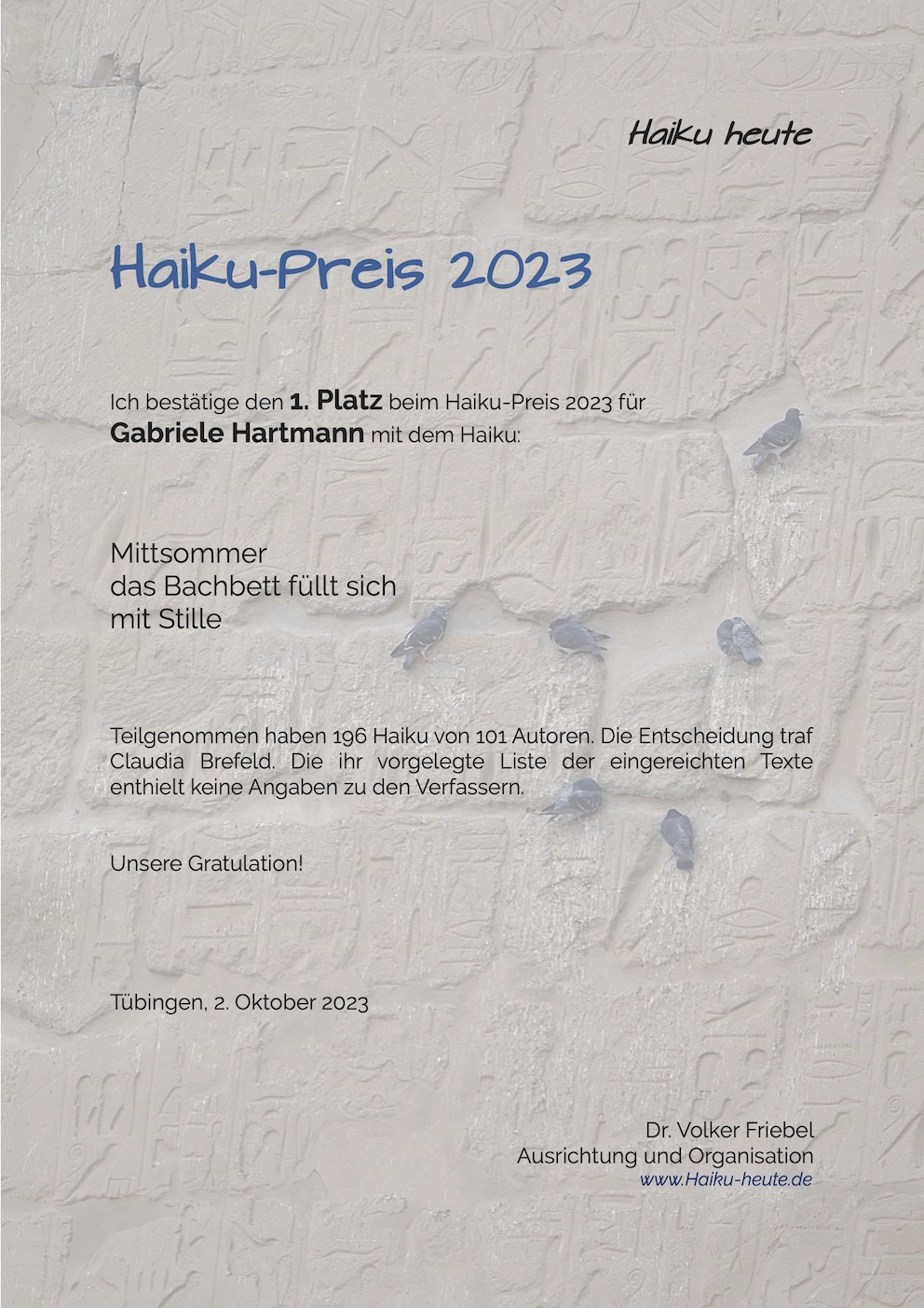 Haiku-Preis 2023 - Zertifikat Platz 1